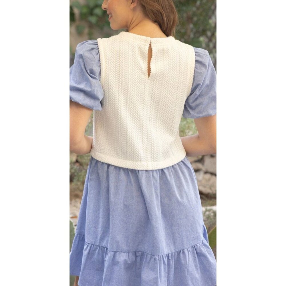 NWT Voy Womens Blue & White Two-Tone Dress W/ Knit Textured Top & Puff Sleeves~S - Picture 2 of 8